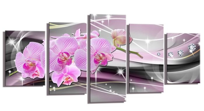 Schilderij - Abstracte Orchidee, Roze/Zilver, 200X100cm, 5luik