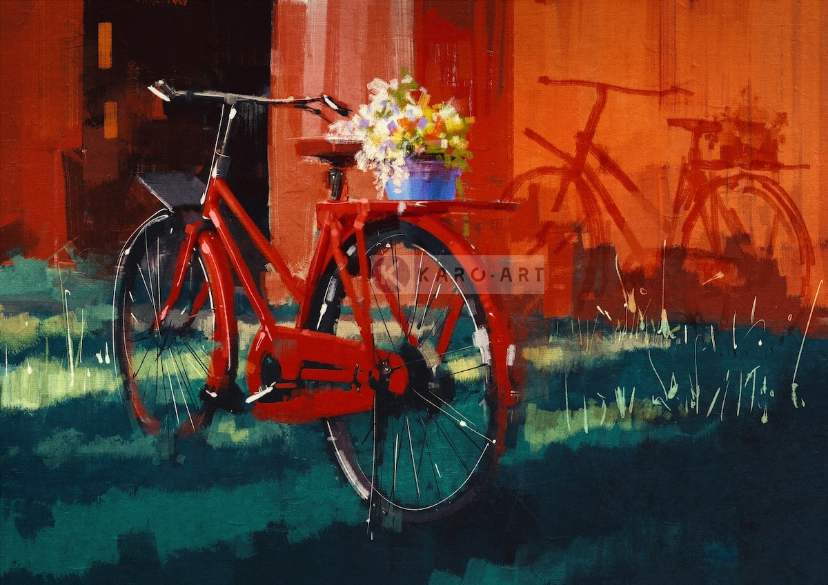 Afbeelding op acrylglas - Rode fiets met bloemen