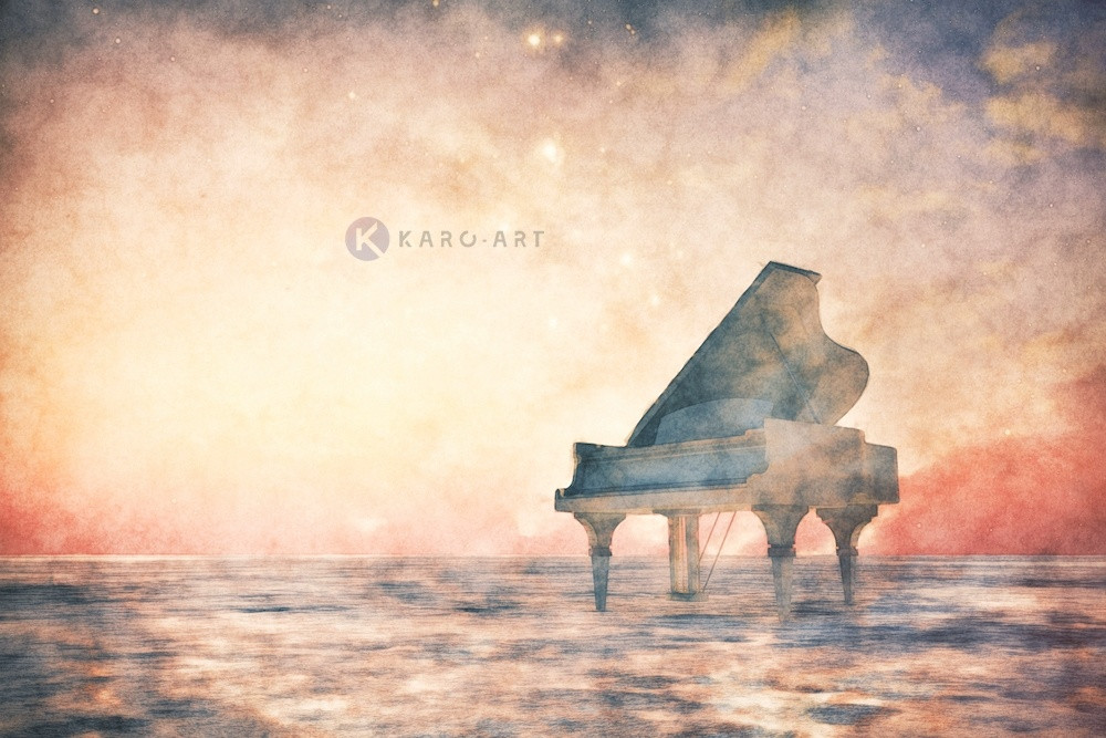 Afbeelding op acrylglas - Piano, vleugel in een fantasie landschap