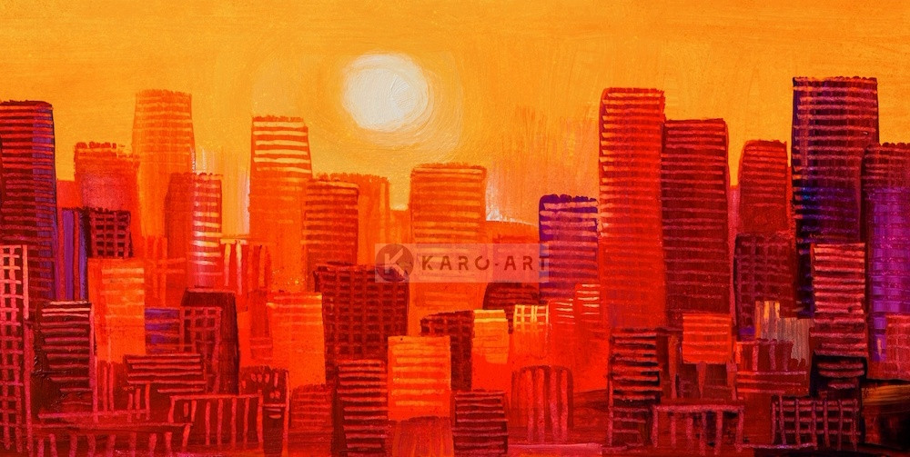 Afbeelding op acrylglas - Wolkenkrabbers zonsondergang, geel rood