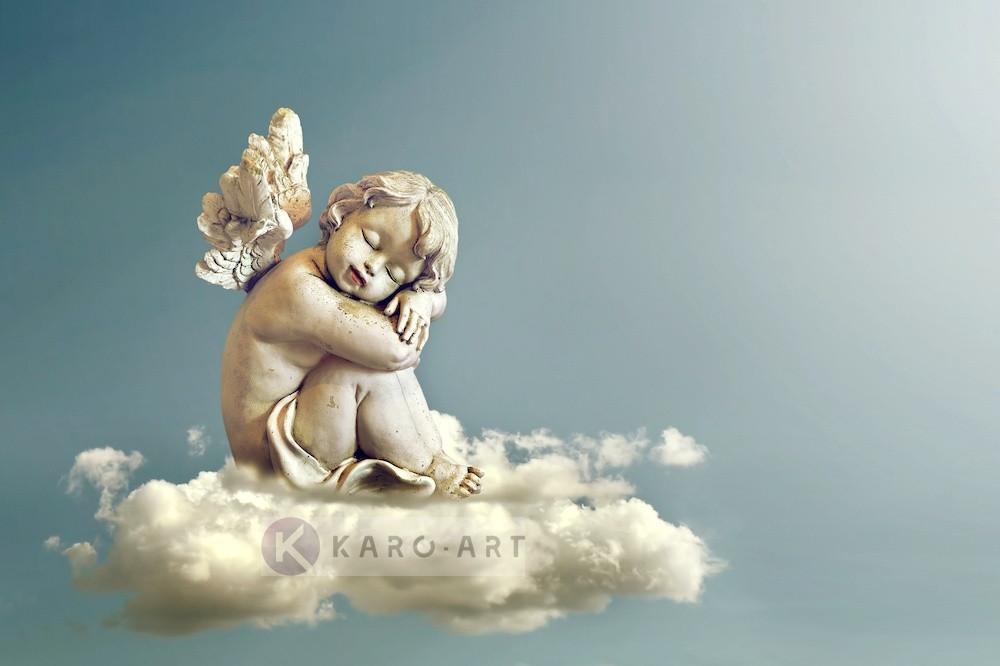 Schilderij - Engel in de wolken ,Beige grijs , 2 maten , Premium print, wanddecoratie