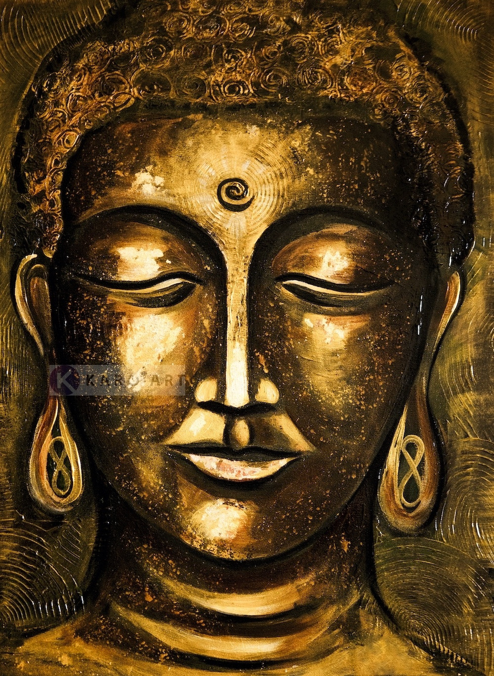 Schilderij - Boeddha Verlichting (print op canvas) ,Geel Bruin , 2 maten , Wanddecoratie, Premium Print