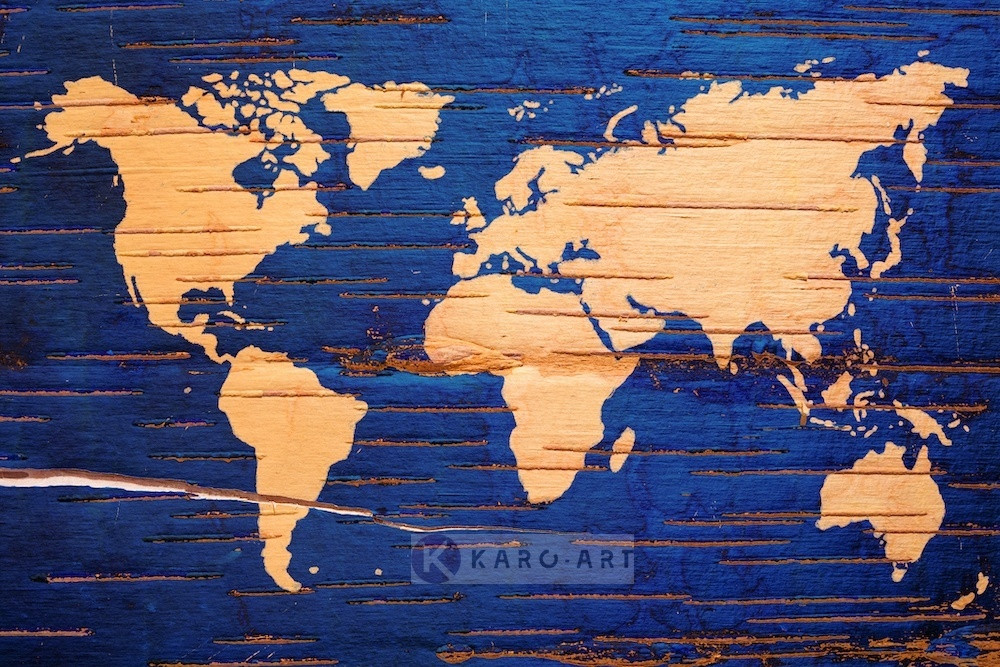 Afbeelding op acrylglas - Wereldkaart in blauw en geel