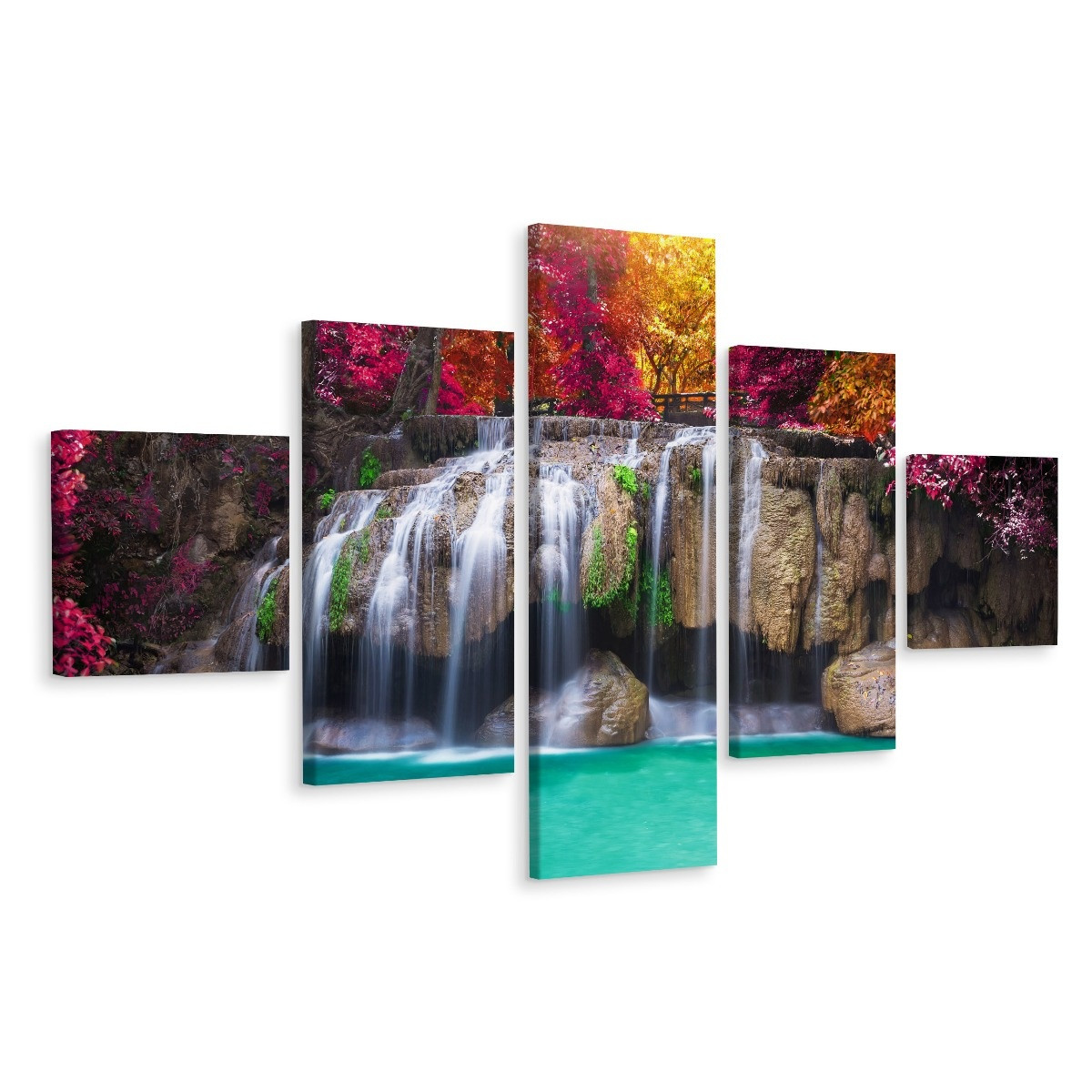 Schilderij - Waterval in het diepe bos, 5luik, premium print