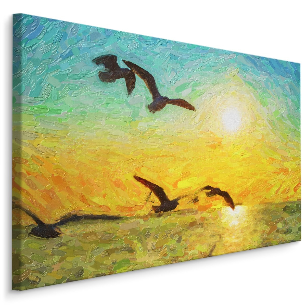 Schilderij - Zeemeeuwen en ondergaande zon, Print op canvas, premium Print