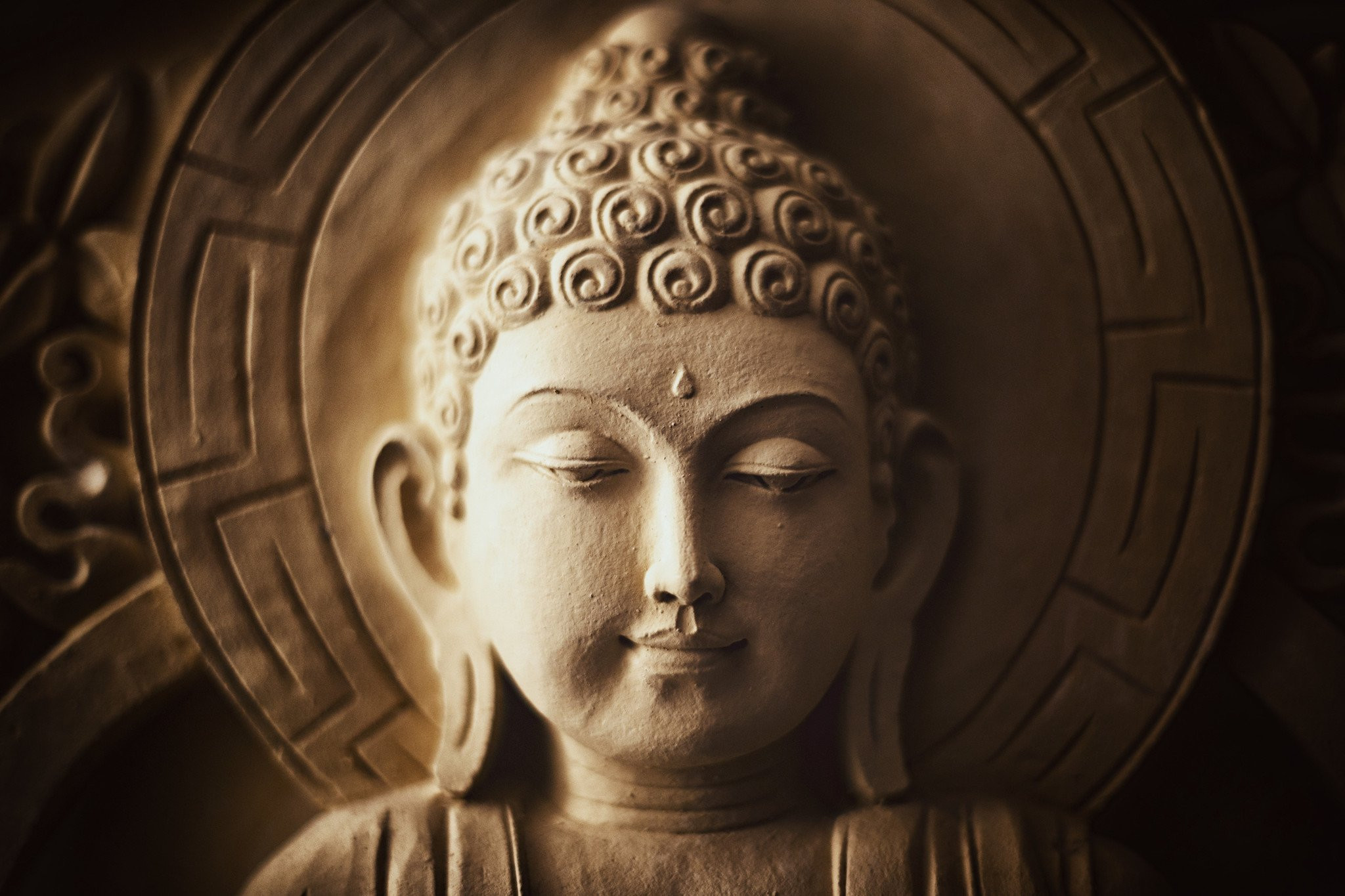 Afbeelding op acrylglas - Mijmerende boeddha , Beige bruin , 3 maten , Wanddecoratie