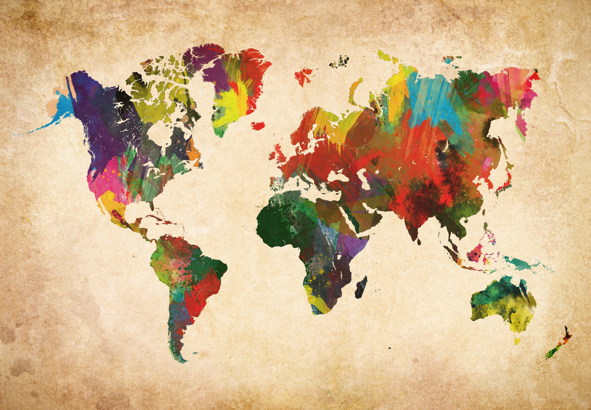 Schilderij - Artistieke wereldkaart in kleuren, Multikleur , 2 maten , Wanddecoratie