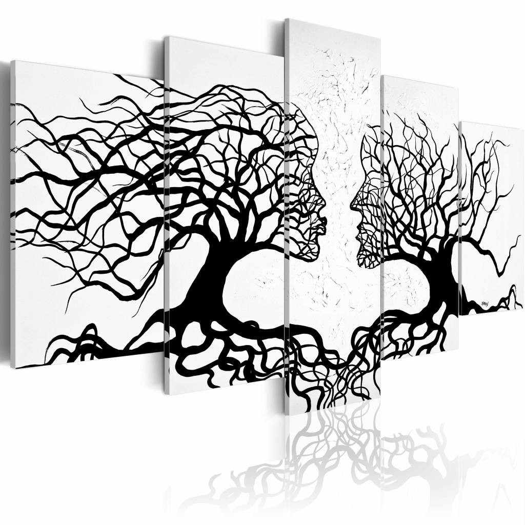 Schilderij - Kus van de wind , zwart wit , boom , hoofd , 5 luik, print op echt Italiaans canvas, Wanddecoratie, Abstract, liefde