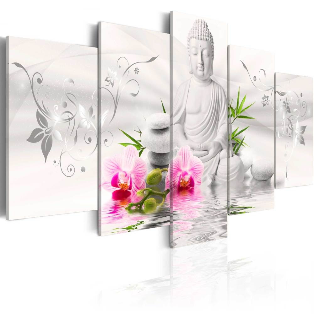 Schilderij - Witte Zen boeddha met orchideeën , 5 luik, print op echt Italiaans canvas, wanddecoratie, Inspiratie