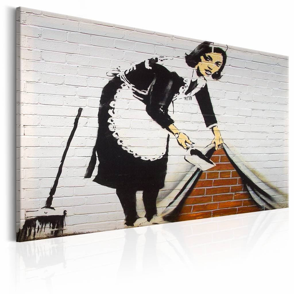 Schilderij - Banksy - Werkster , zwart wit , wanddecoratie , premium print op echt Italiaans canvas, in 3 maten, wanddecoratie