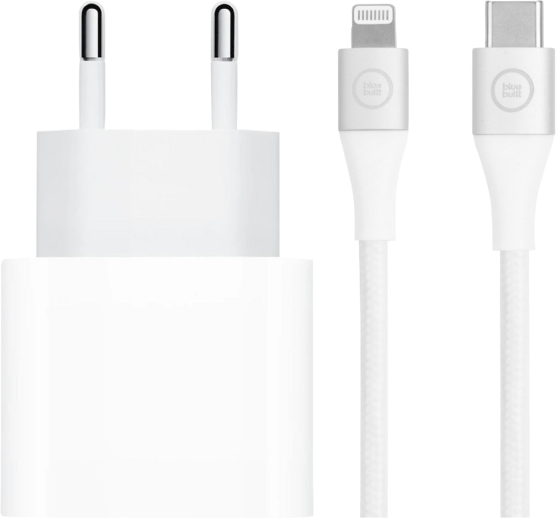 Apple Power Delivery Oplader 20W + BlueBuilt Lightning Kabel 3m Nylon Wit