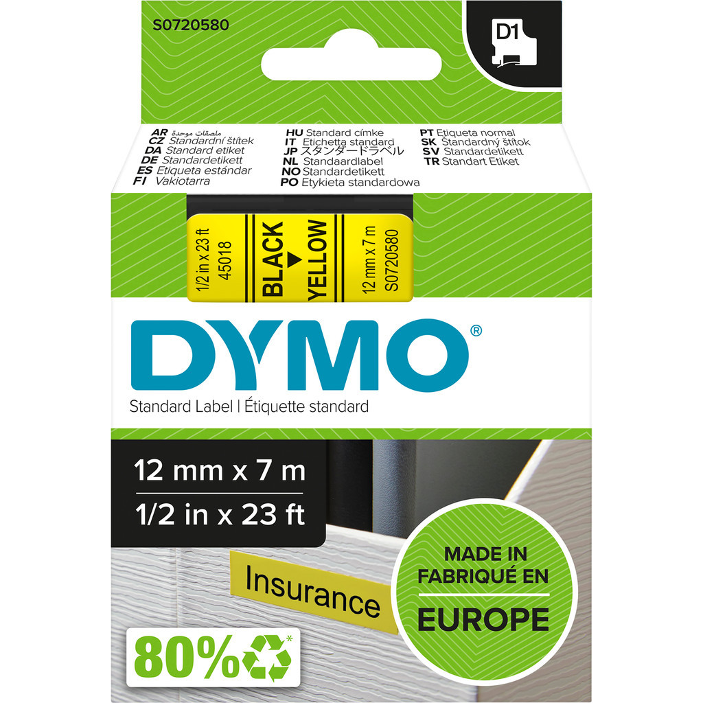 DYMO Authentieke D1 Labels Zwart-Geel (12 mm x 7 m) 1 Rol