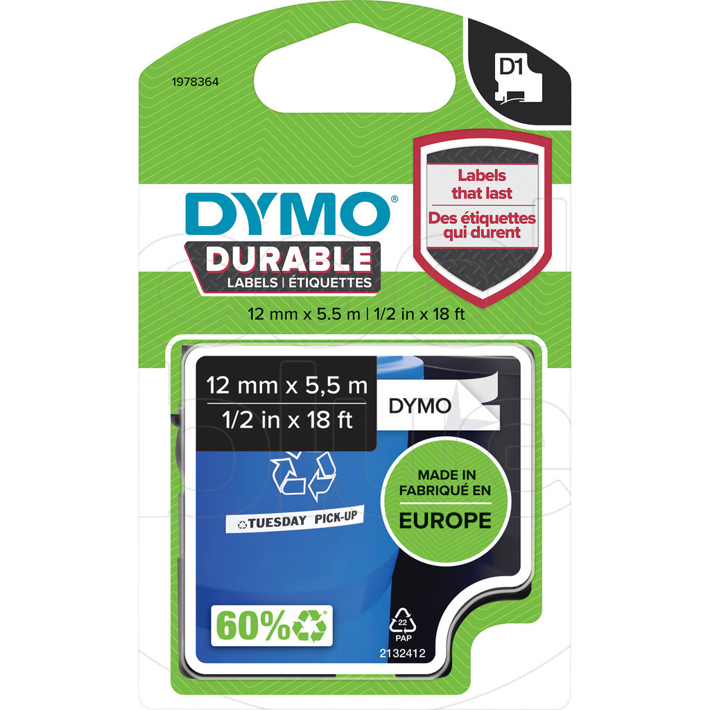 DYMO D1 Hoogpresterend Labeltape Zwart-Wit Label (12 mm x 5,5 m)