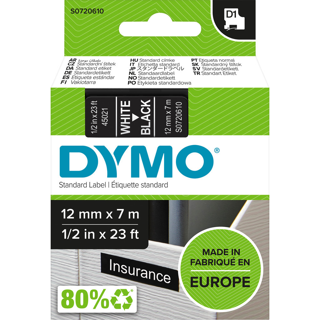 DYMO Authentieke D1 Labels Zwart-Wit (12 mm x 7 m)