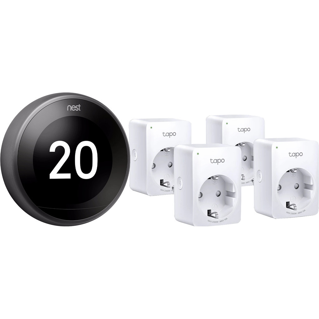 Google Nest Learning Thermostat Zwart + TP-Link Tapo P100 4-Pack