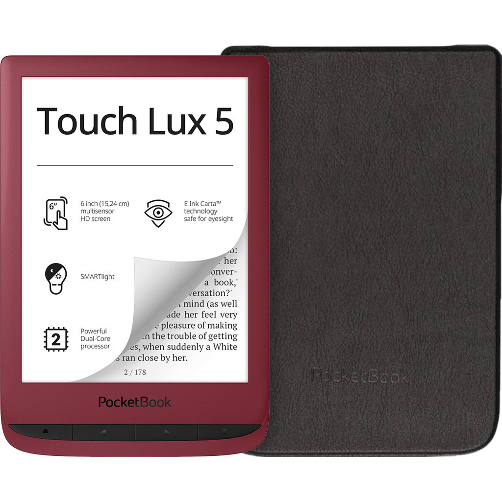 PocketBook Touch Lux 5 Ruby Rood + PocketBook Shell Book Case Zwart