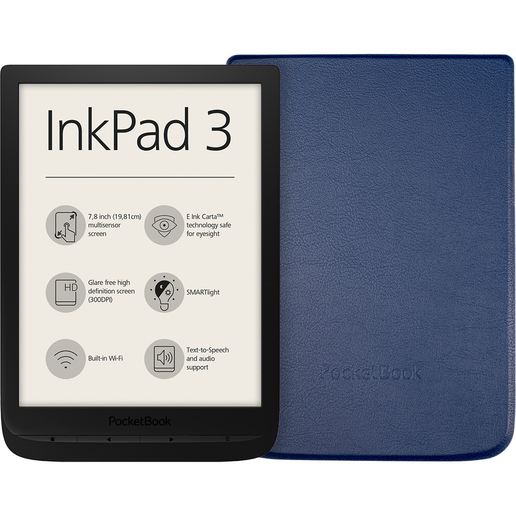 Pocketbook Inkpad 3 Zwart + PocketBook Shell Book Case Blauw