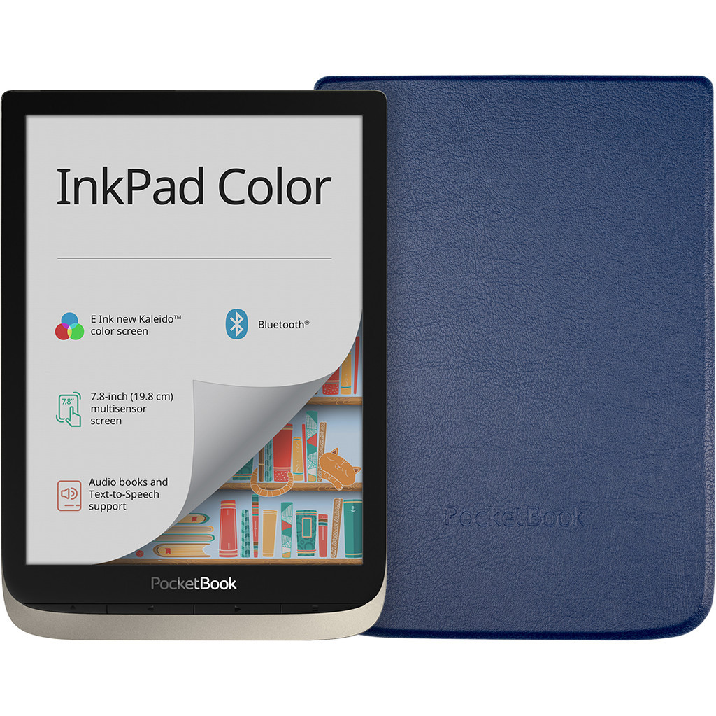 PocketBook InkPad Color Zilver + PocketBook Shell Book Case Blauw