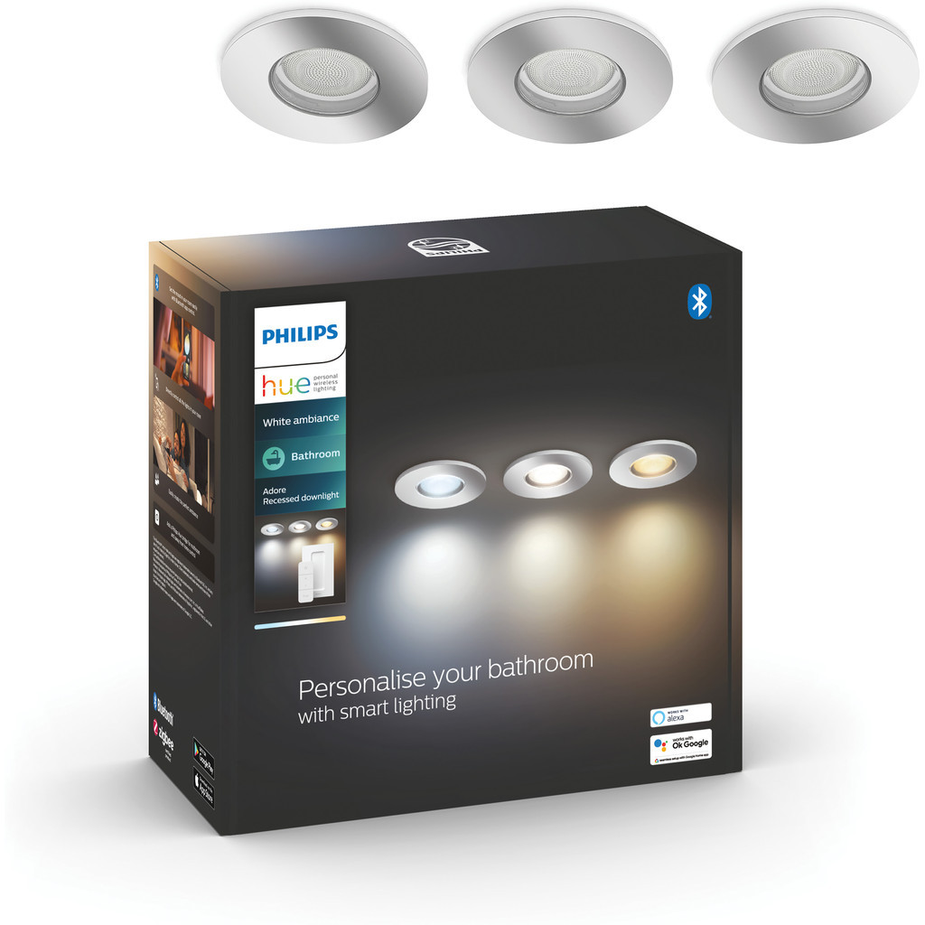 Philips Hue Adore badkamerinbouwspot White Ambiance 3-pack + dimmer