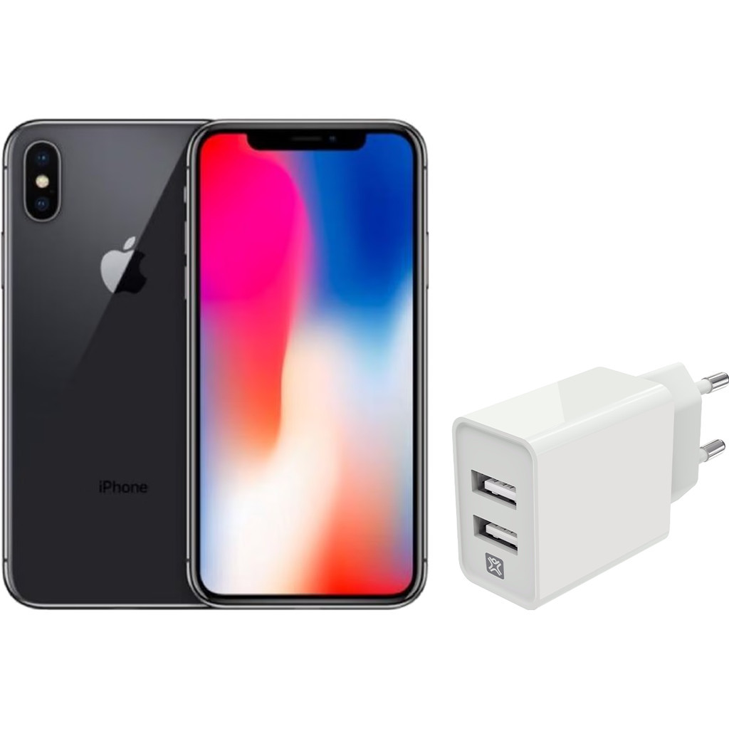 Refurbished iPhone X 64GB Space Gray + XtremeMac Oplader met 2 Usb A Poorten 12W