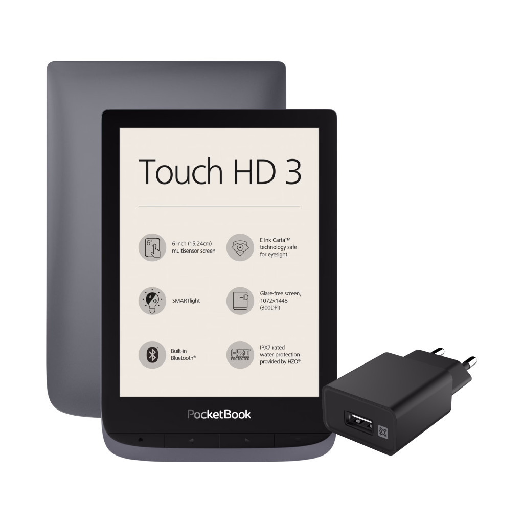 PocketBook Touch HD 3 Grijs + XtremeMac Oplader met Usb A Poort 12W Zwart