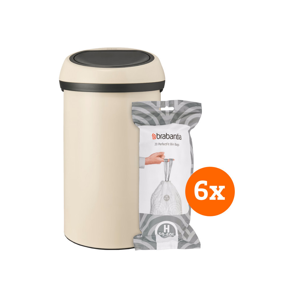Brabantia Touch Bin 60 Liter Soft Beige + Vuilniszakken (120 stuks)