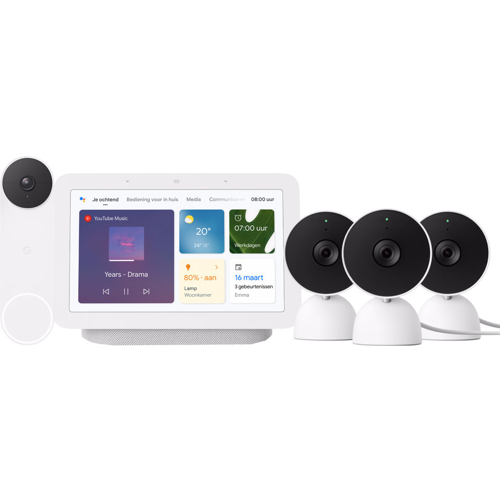 Google Nest Cam Indoor Wired 3-pack + Nest Deurbel + Nest Hub 2