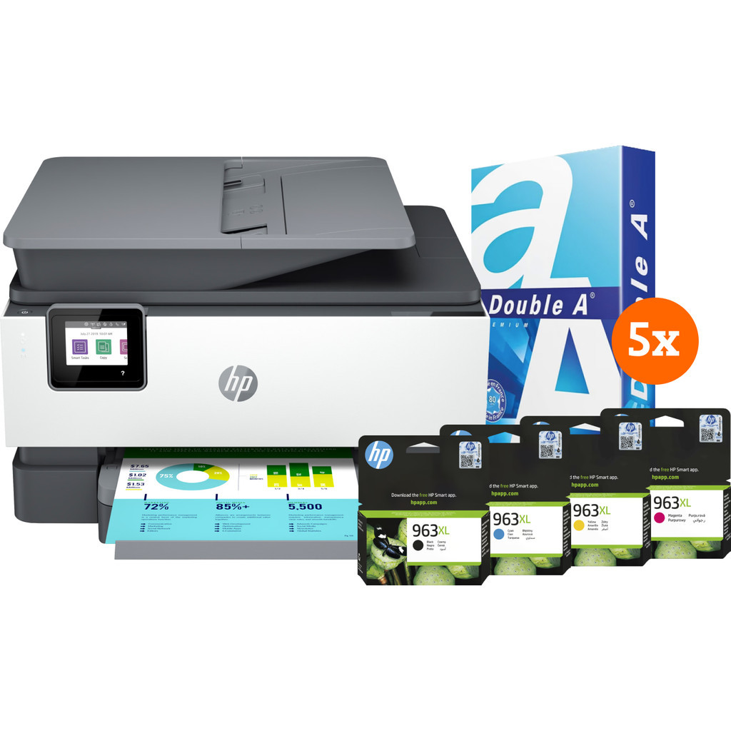 HP Officjet Pro 9019e + 1 set extra inkt + 2.500 vellen A4 papier