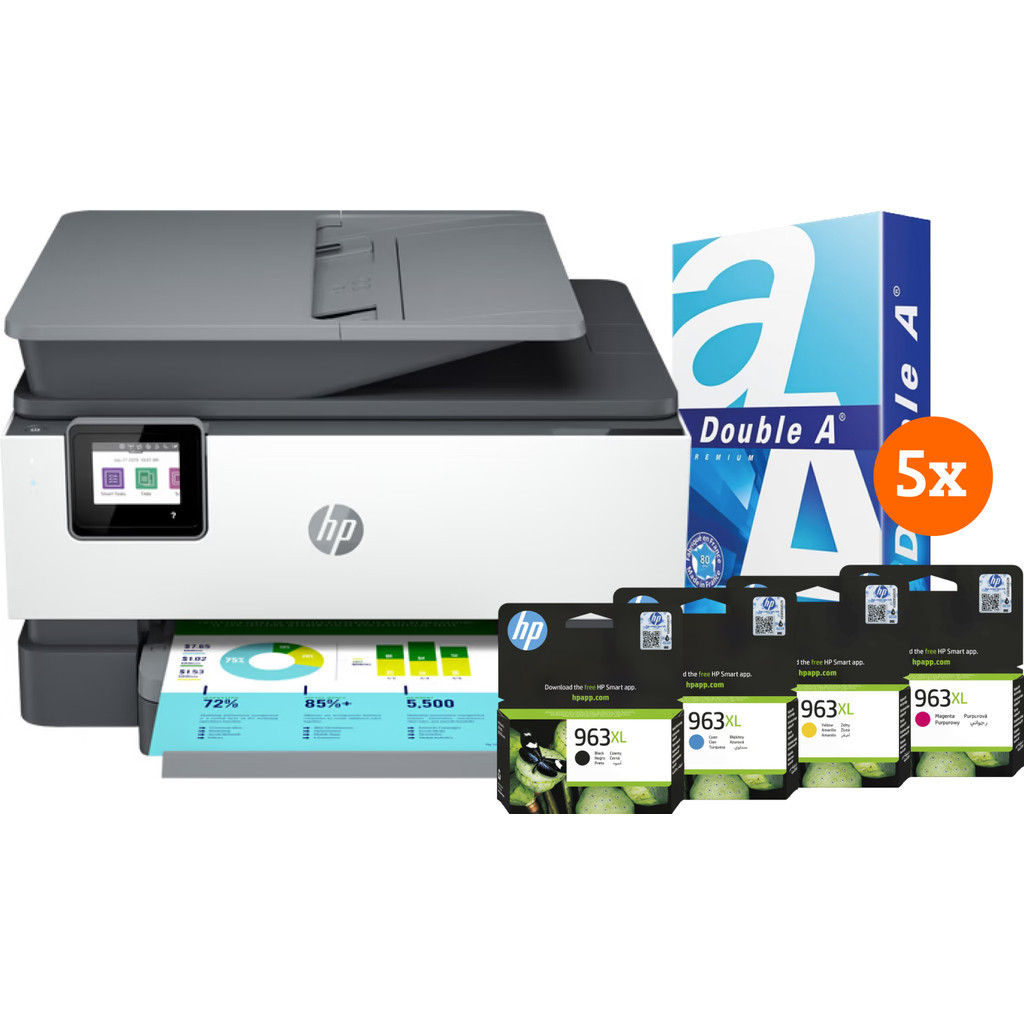 HP Officjet Pro 9014e + 1 set extra inkt + 2.500 vellen A4 papier