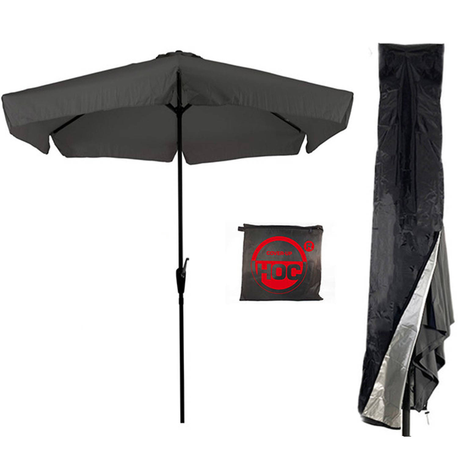 CUHOC Parasol - Grijs - Antraciete Parasol met hoes - 3m - Stokparasol - Grijze parasol met Redlabel Parasol hoes