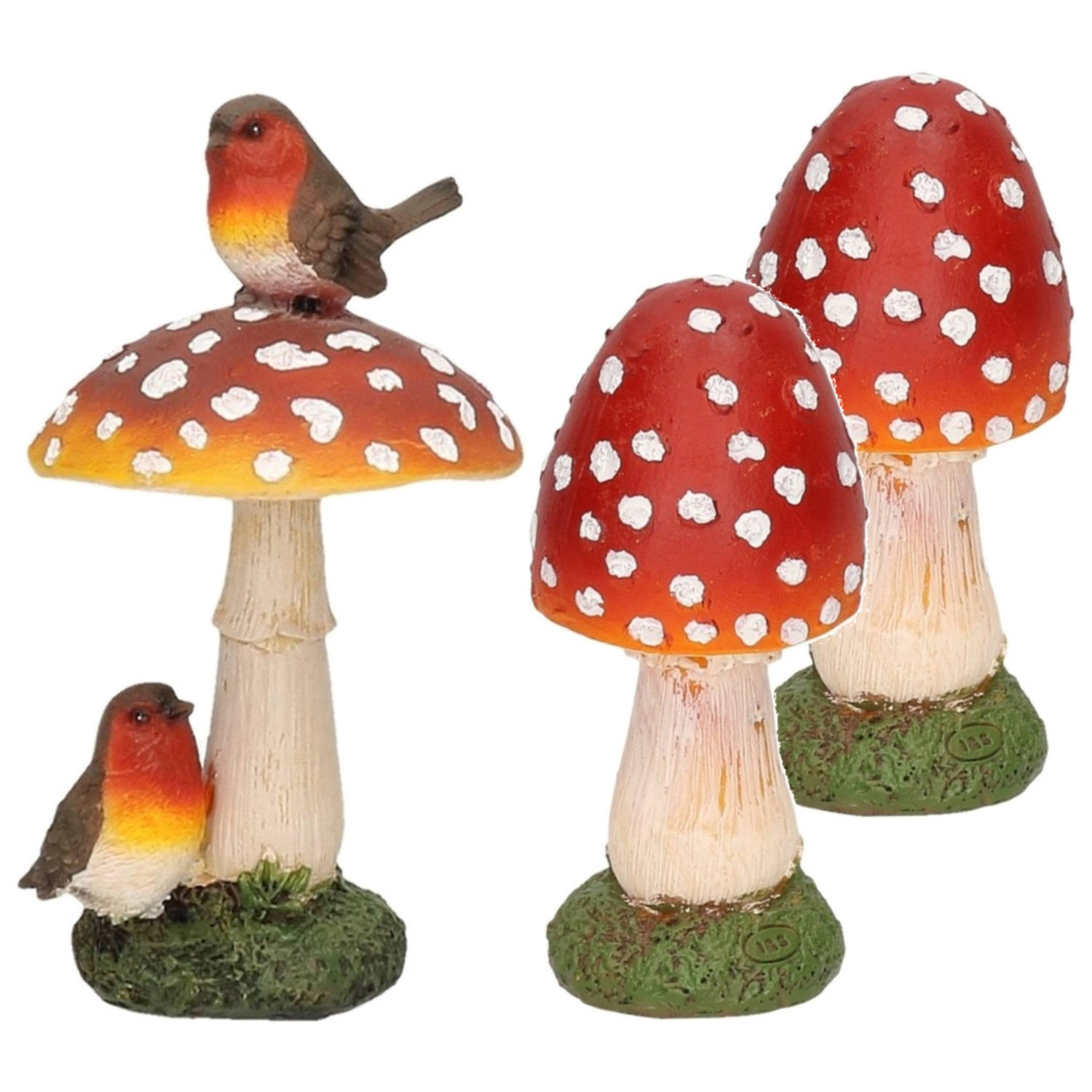 Decoratie paddenstoelen setje met 2x gewone paddenstoel en 1x met vogeltjes - Tuinbeelden