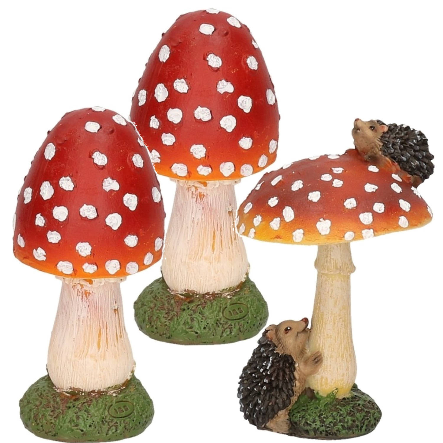 Decoratie paddenstoelen setje met 2x gewone paddestoel en 1x met een egeltje - Tuinbeelden