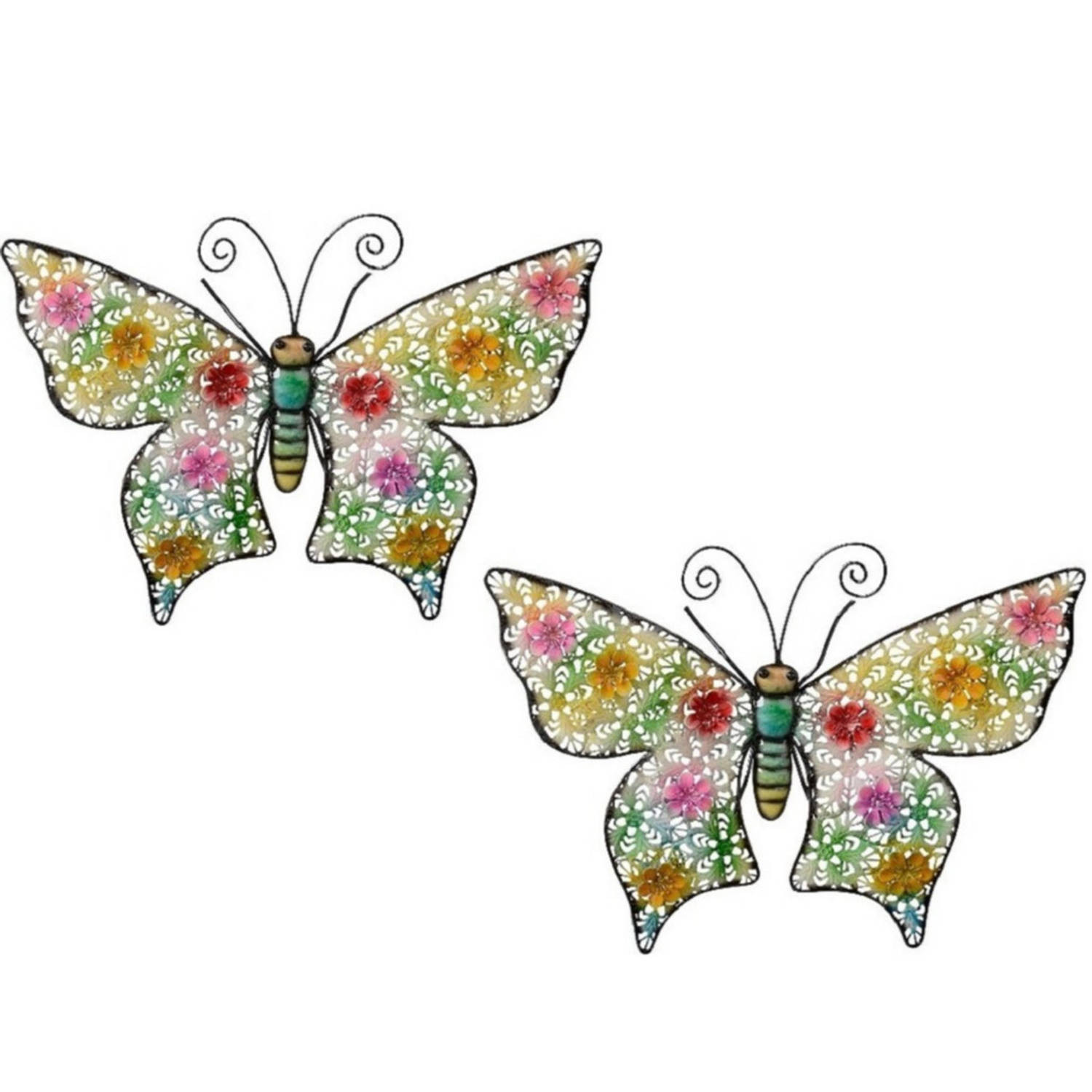 2x stuks gekleurde metalen tuindecoratie vlinder hangdecoratie 30 x 43 cm cm - Tuinbeelden