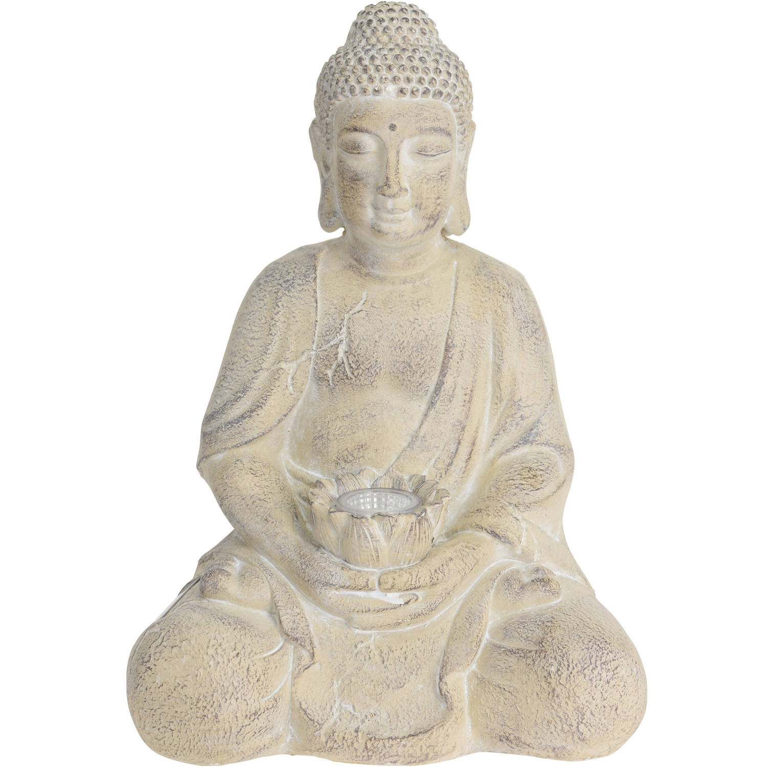 1x Boeddha beeld creme met solar verlichting 44 cm - Tuinbeelden