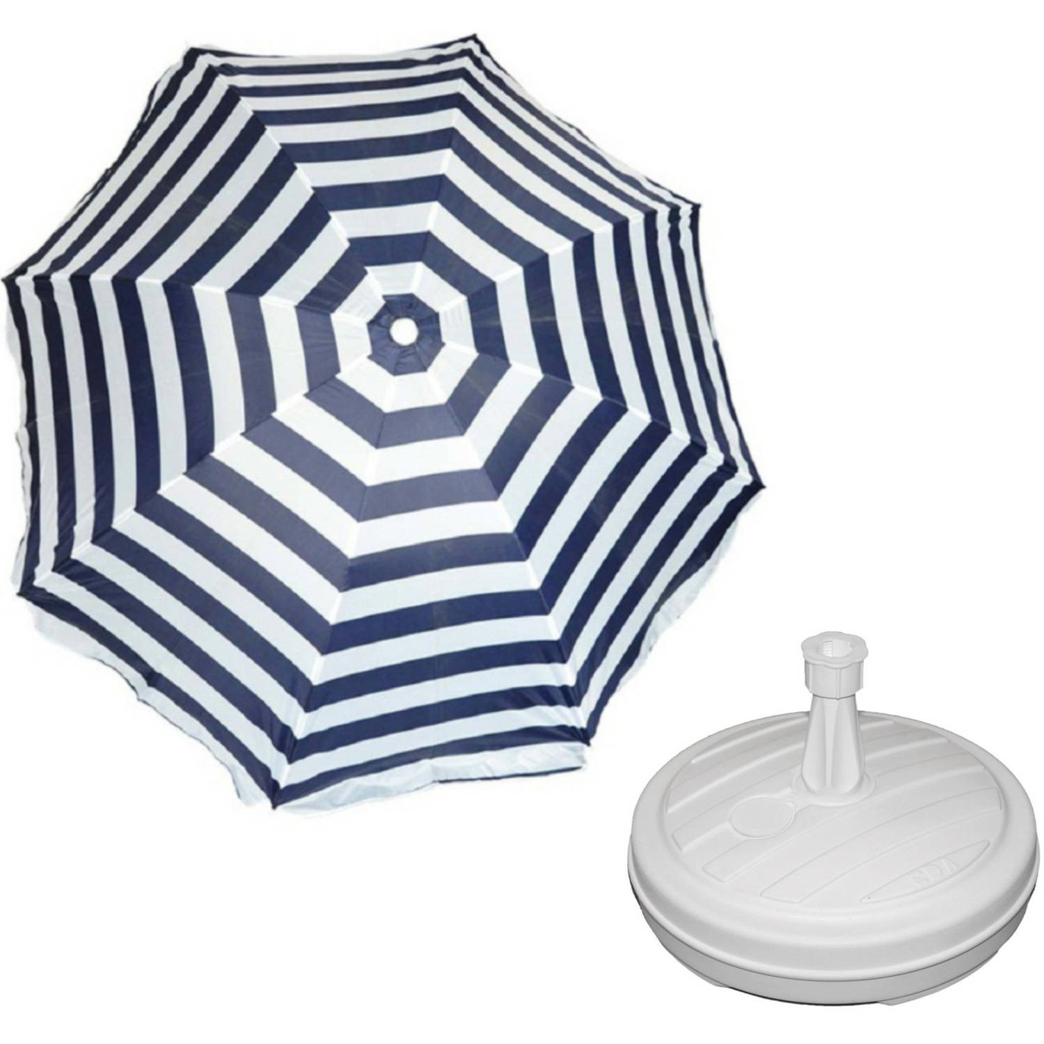 Parasol - Blauw/wit - D160 cm - incl. draagtas - parasolvoet - 42 cm - Parasols