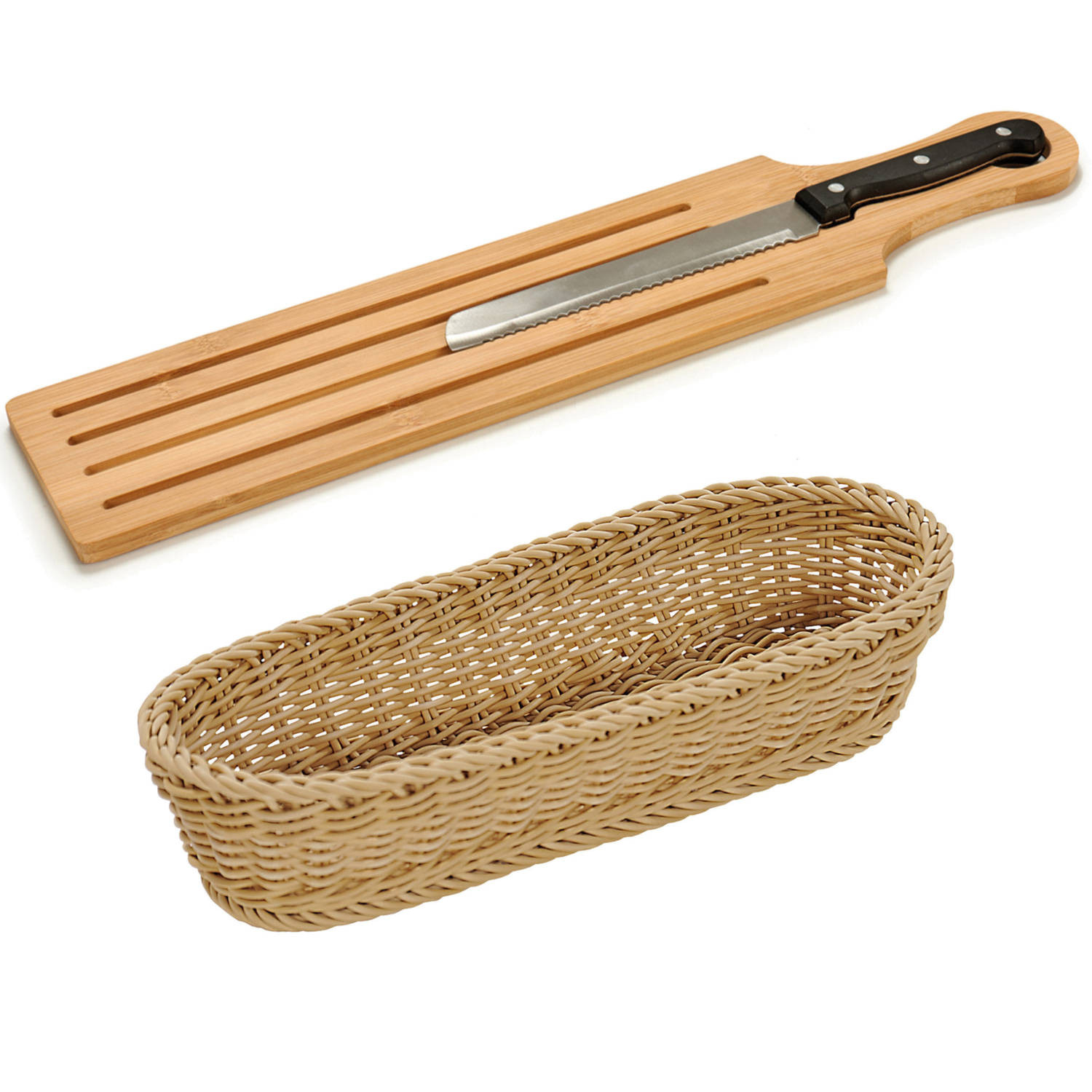 Bamboe houten broodplank/snijplank/serveerplank met broodmes 50 x 10 cm en broodmandje van 41 cm - Snijplanken