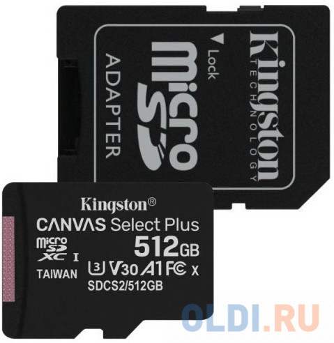 Флеш карта microSDHC 512GB Class10 Kingston &lt;SDCS2/512GB&gt; UHS-I Canvas Select up to 100MB/s с адапт.
