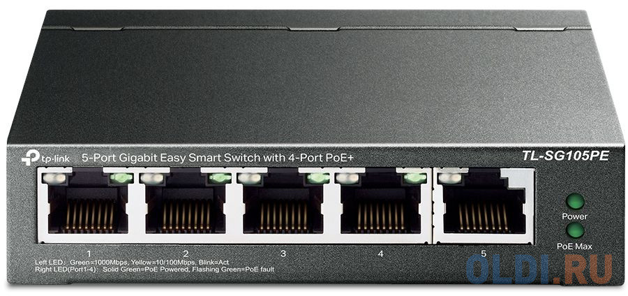 5-Port Gigabit Easy Smart Switch with 4-Port PoE+, metal case, desktop mount, PoE budget 65W, suppor