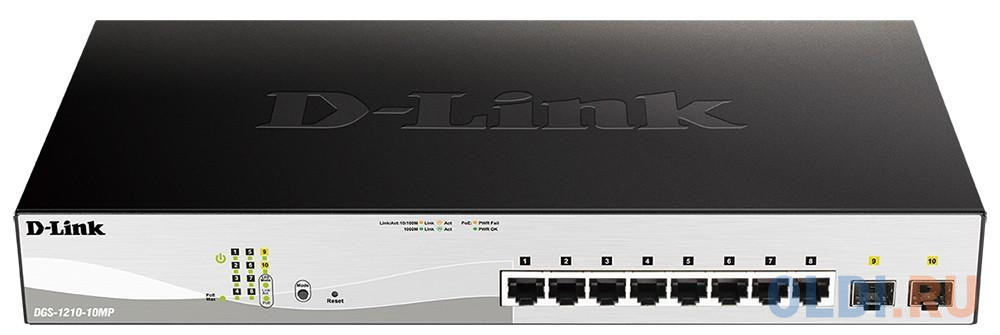 D-Link DGS-1210-10MP/FL1A Управляемый коммутатор 2 уровня с 8 портами 10/100/1000Base-T и 2 портами 1000Base-X SFP (8 портов с поддержкой PoE 802.3af/