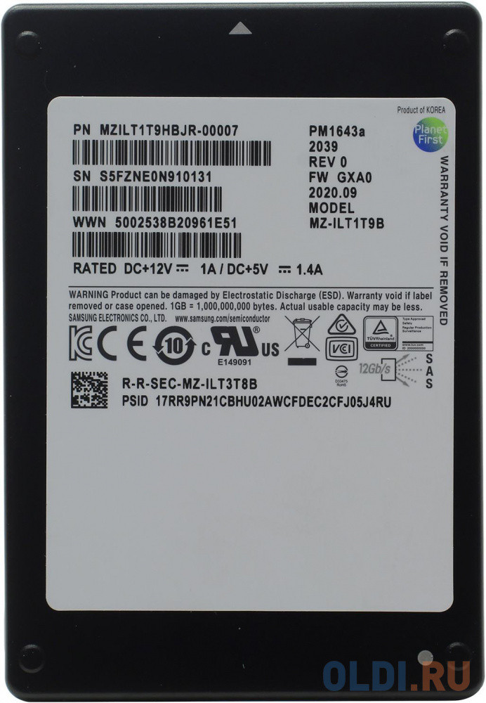 Твердотельный диск 1920GB Samsung Enterprise PM1643a, V-NAND, 2.5&quot;, SAS, [R/W - 2100/1800 MB/s]  TBW 3504 OEM