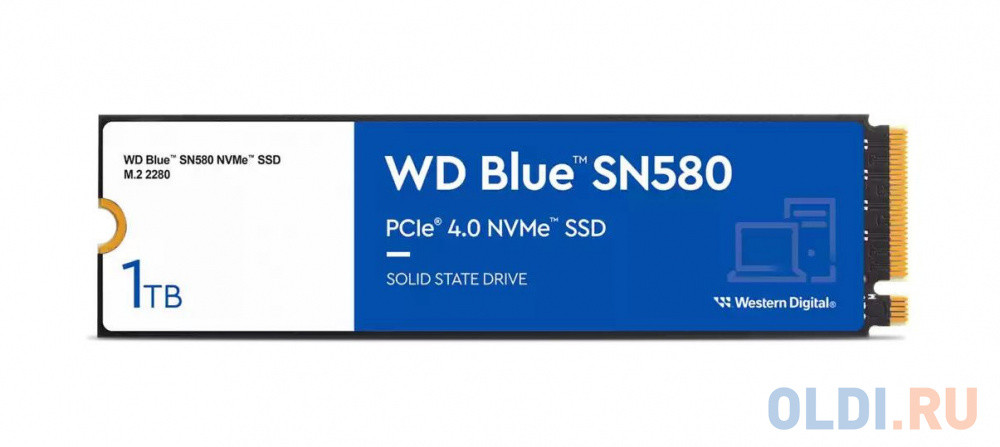Твердотельный накопитель/ WD SSD Blue SN580 NVMe, 1000GB, M.2(22x80mm), NVMe, PCIe 3.0 x4, 3D TLC, R/W 3500/3000MB/s, IOPs 460 000/450 000, TBW 600, D