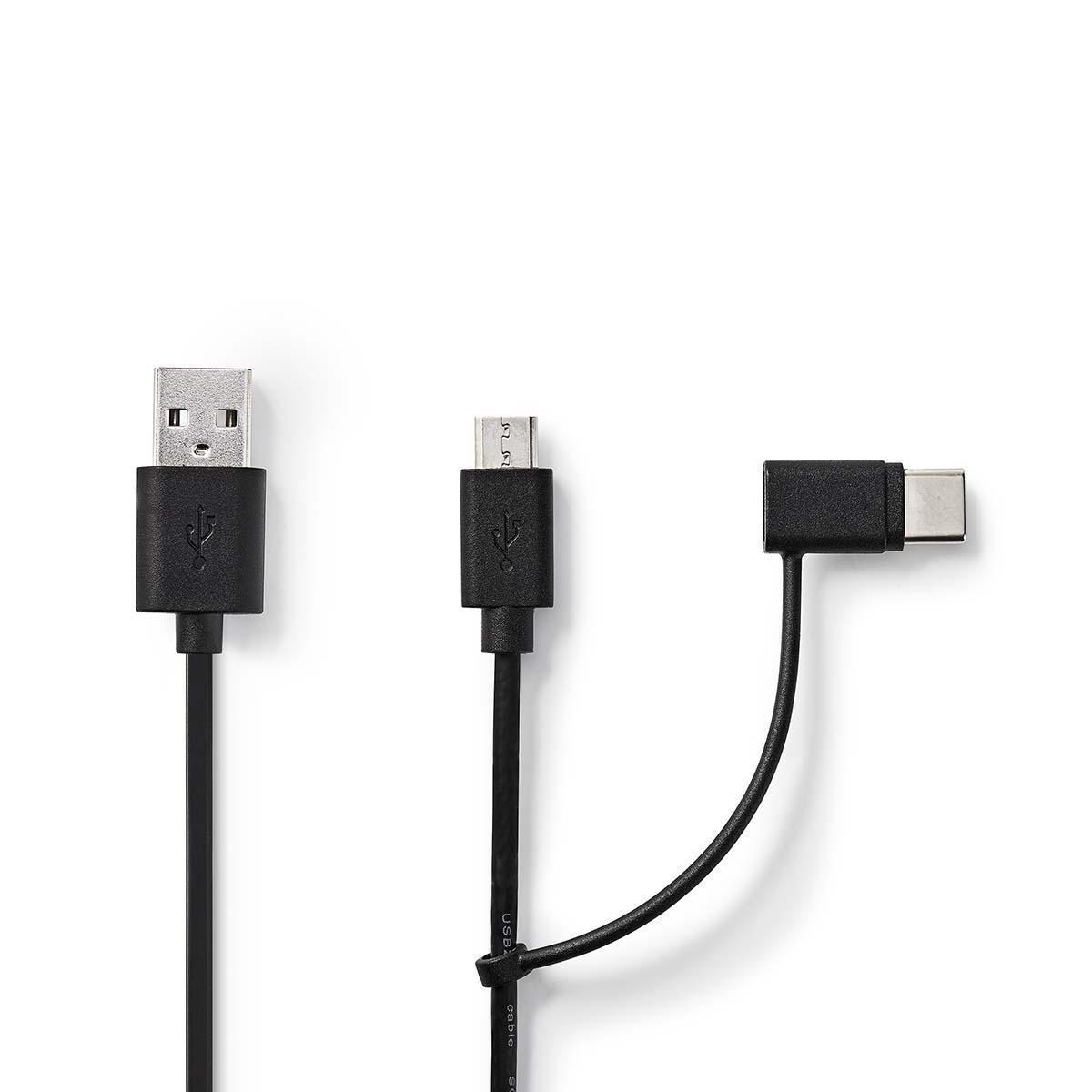 2-in-1 sync- en oplaadkabel | USB-A Male - USB micro-B / Type-C Male | 1,0 m | Zwart