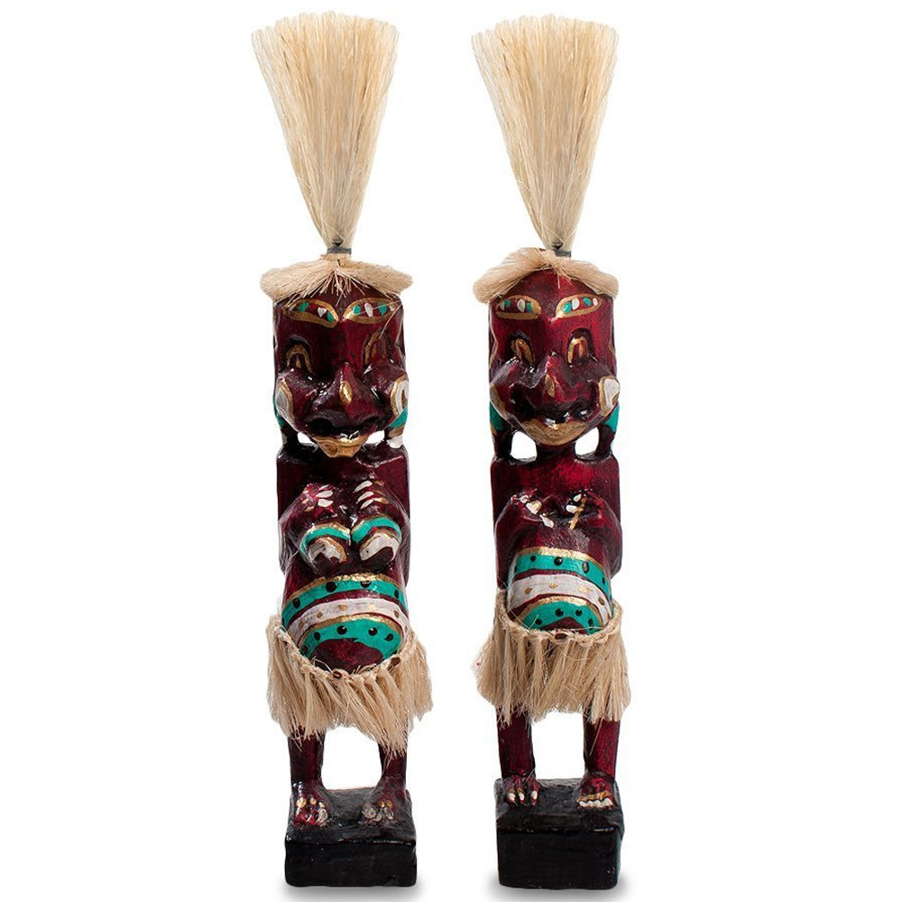 Комплект из 2-х деревянных статуэток Asmat Straw Headdress Statuettes Red Turquoise Tattoo
