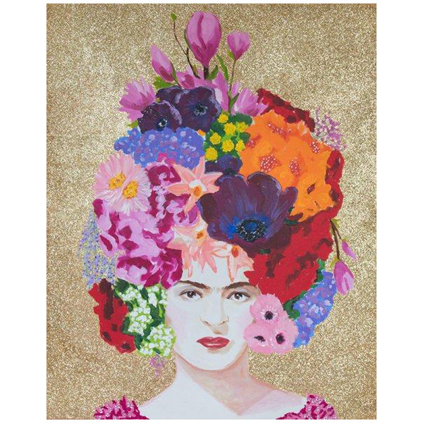 Картина “Frida with Flower Bouquet Headdress and Gold Glitter Background”