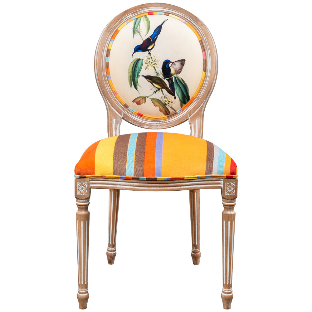 Стул бежевый в разноцветную полоску из натурального бука с изображением птиц и цветов Blooming Blue Birds Colorful Stripes Chair