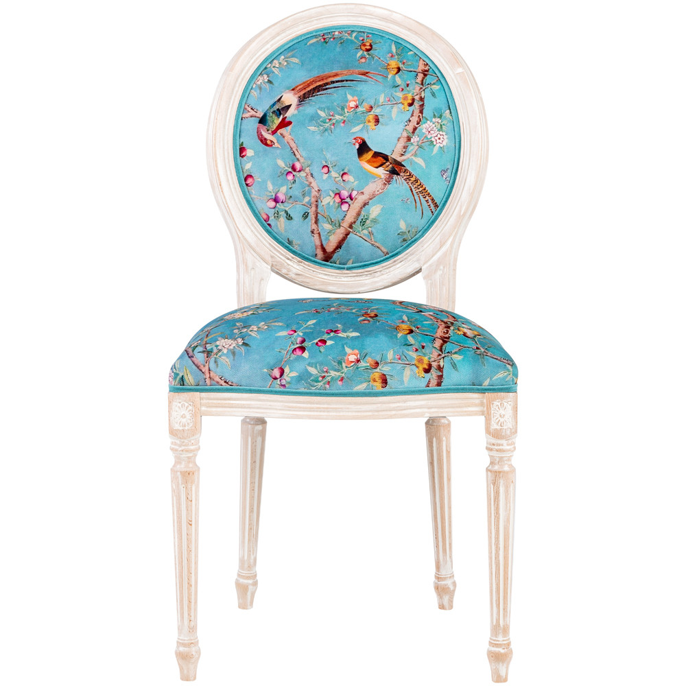 Стул из массива бука бирюзовый с изображением птиц и цветов Turquoise Beige Chinoiserie Peach Garden Chair