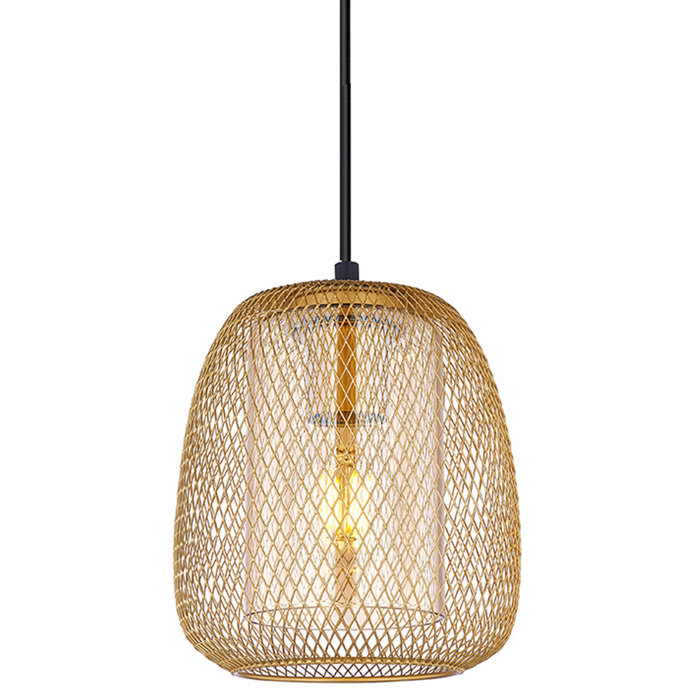 Подвесной светильник со стеклянным плафоном цилиндрической формы и металлической сеткой Metal Mesh Gold