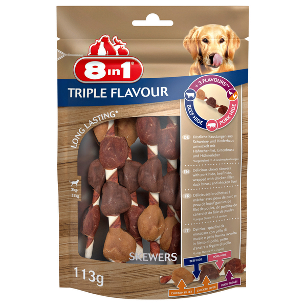 8in1 Delights Skewers Triple Flavour - Hondensnacks - Kip Varken Rund 113 g 6 stuks