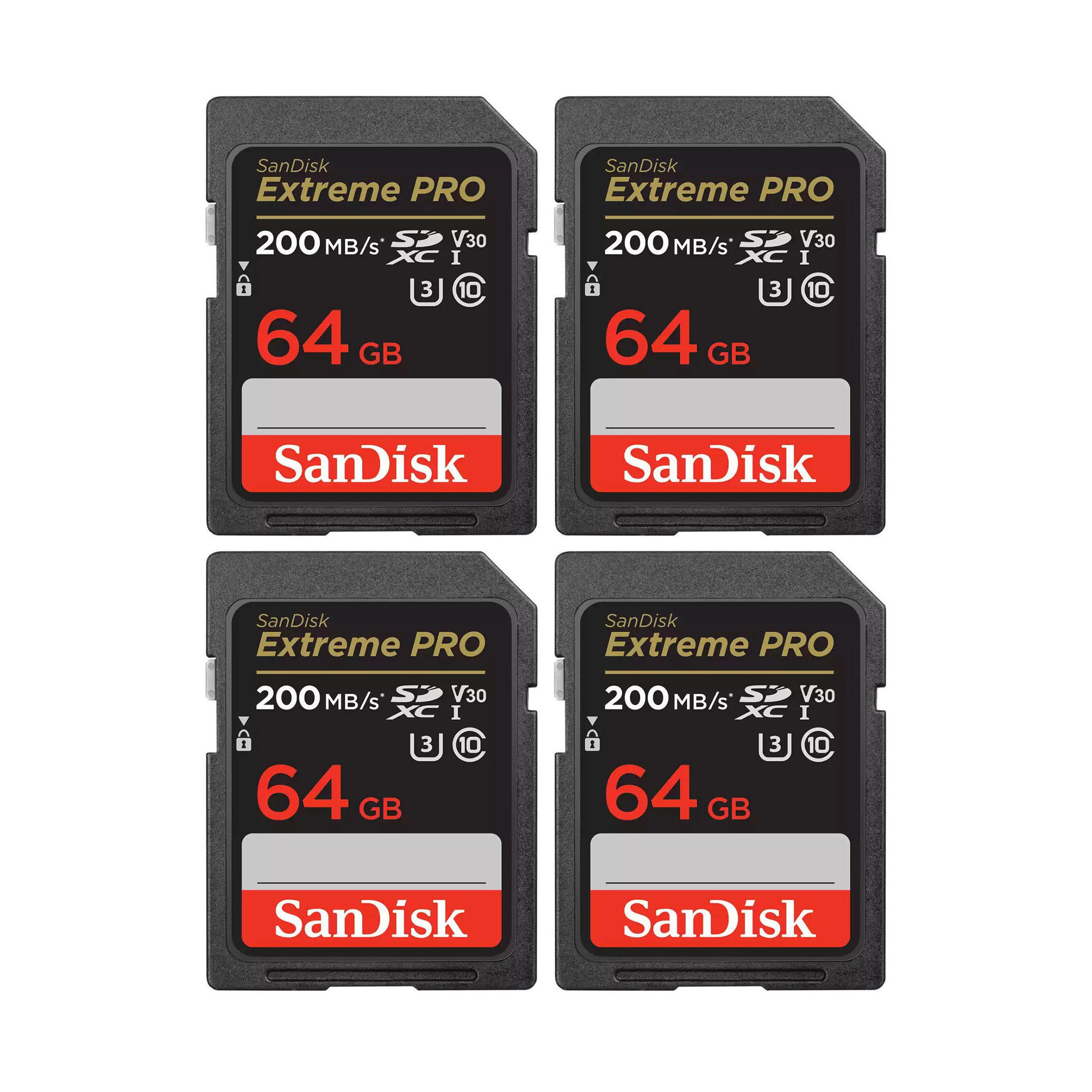 SanDisk 64GB SDXC Extreme Pro UHS-I U3 V30 200MB/s geheugenkaart - Rescue Pro DL 2Y - 4-pack