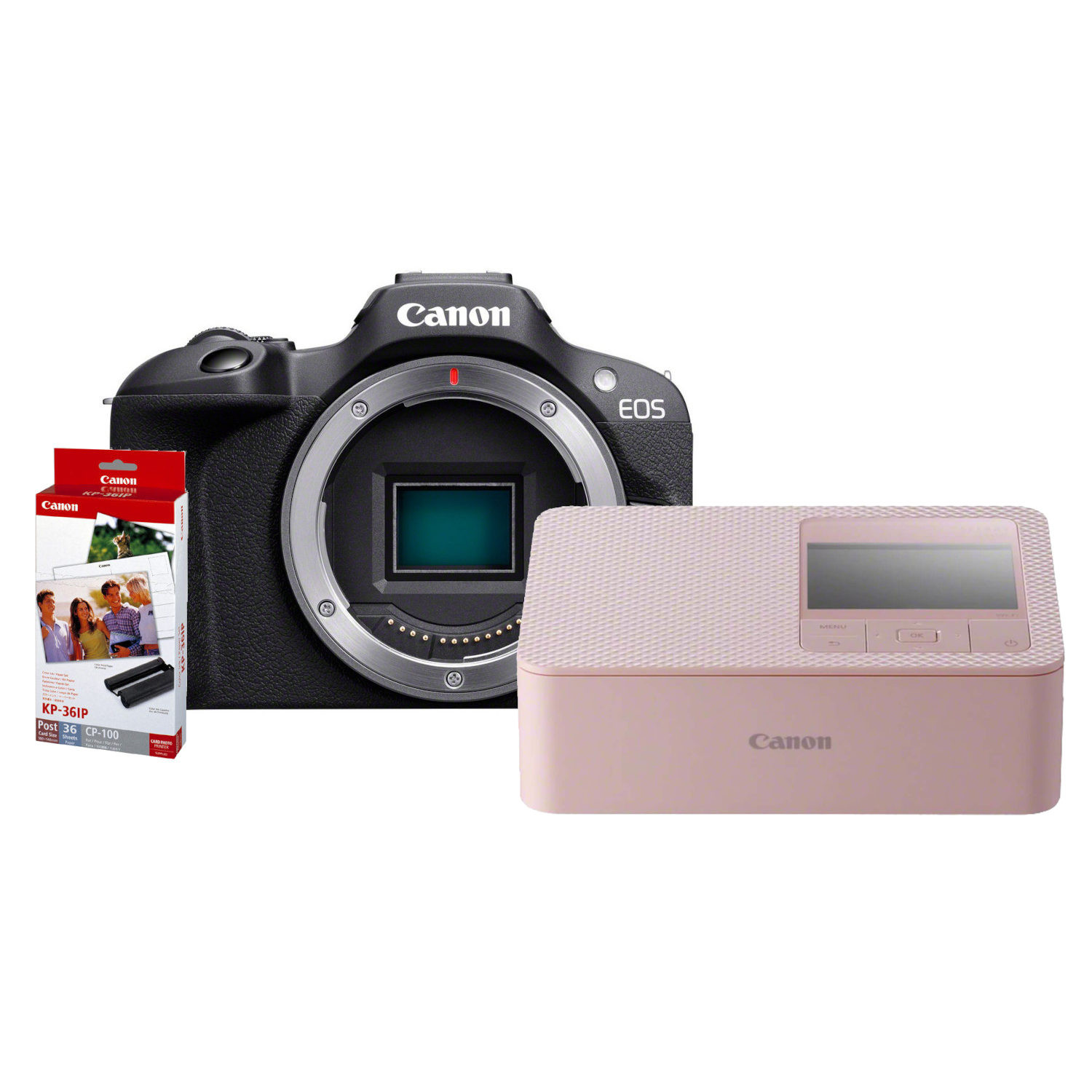Canon EOS R100 systeemcamera Zwart + Selphy CP1500 printer Roze
